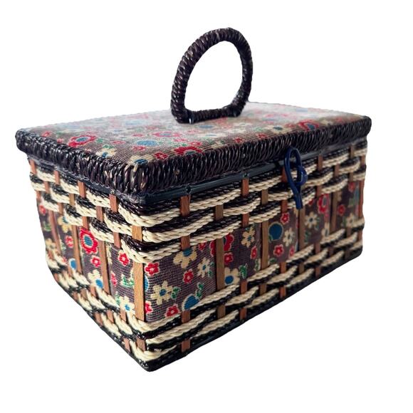 Vintage JC Penney Woven Wicker Cushion Top Sewing Box Carry Case w Handle Navy - Picture 1 of 10
